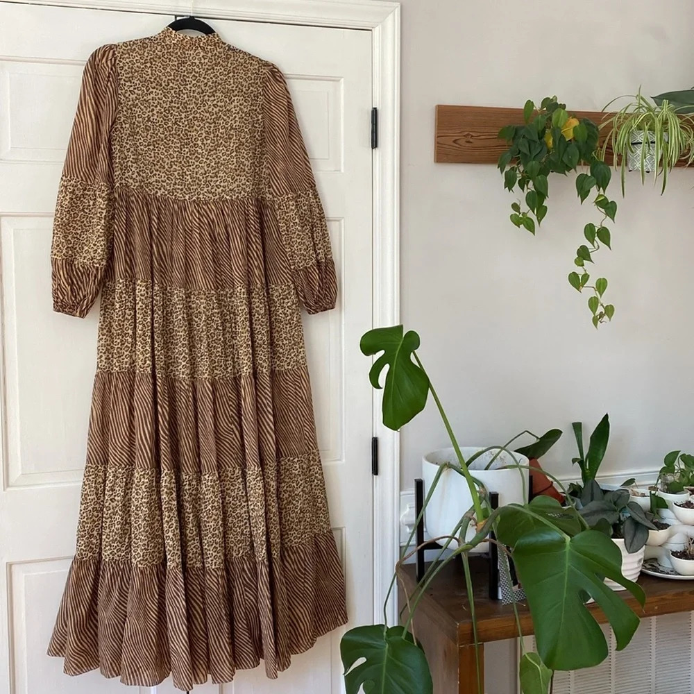 Zimmerman Empire Tiered Dress in Spliced Animal Print in Brown Maxi Dress Size 0 - Picture 13 of 13